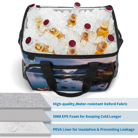Leakproof Insulated Picnic Backpack Cooler Bag With 30L Capacity filled with ice and bottles, showcasing durable Oxford fabric and insulation layers.
