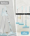 Before and after view of Stainless Steel Broom Holder Wall Mount 2 Pack Heavy Duty Mop Organizer With 2 Slots And 2 Hooks