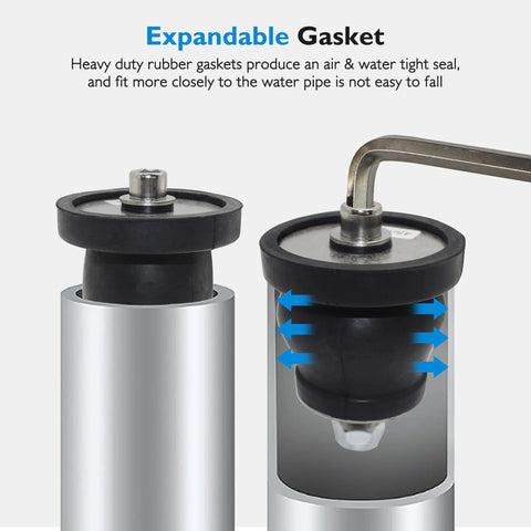 Expandable rubber-seal pipe plug with stainless steel Allen-wrench handle; fits 2-9/16 to 3-1/8 in sewer caps