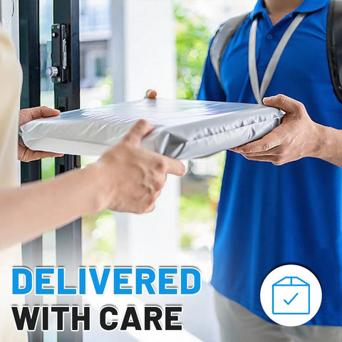 Person handing over a package in Heavy Duty Weatherproof Poly Mailers 14.5x19 Inch 200 Pack Shipping Bags Built Tough For Clothing Apparel No Sweat Packing Smooth Sailing Daily Hustle.