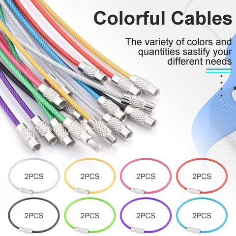 Assorted colorful 16 Pack Stainless Steel Wire Key Rings 2mm Nylon Coated Cable Key Chains, 6 Inch For Luggage Tags