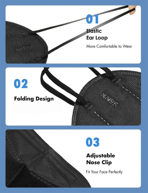 Black Five Layer KN95 Face Mask Cup Design For Dust Protection Breathable And Comfy With Elastic Ear Loops