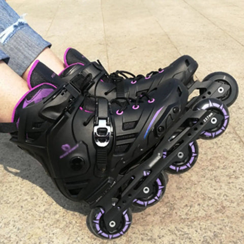 All Ages Inline Skates For Girls And Boys, Adjustable Beginner Roller Blades For Women And Men, Black Purple, Size 9, on feet