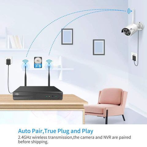 10 Channel Full HD Security NVR System With Built In WiFi Router No HDD Included Keeps It Easy Running 10 Cameras Up To 6TB HDD Works With Wireless Cameras For Home Office Surveillance And Real Time Remote Viewing showing NVR unit and cameras connected wirelessly.