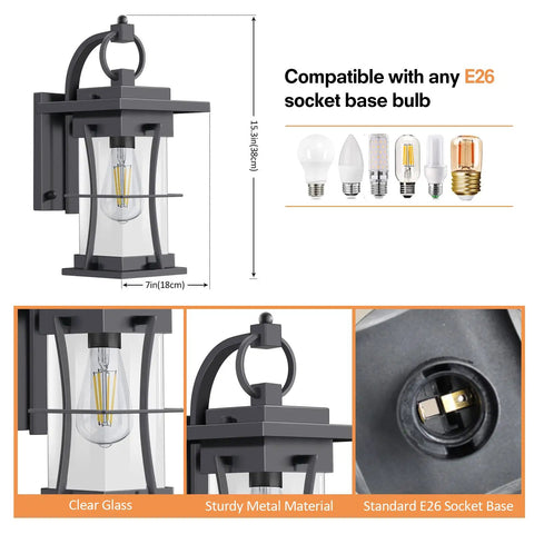 Outdoor Wall Mount Porch Light Sconces IP65 E26 Waterproof Exterior Light Fixture Wall Lantern With Clear Seeded Glass