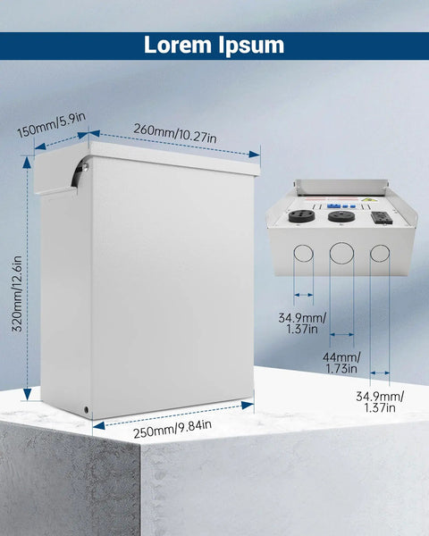 Weatherproof Temporary Power Outlet Panel For RVs And Construction Sites With 20 30 50 Amp Receptacles shown with dimensions