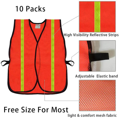 High Visibility Reflective Safety Vests 10 Pack, Adjustable Lightweight Neon Orange for Construction, Cycling, Running, Hunting, Unisex Adults, ANSI ISEA Compliant, 360 Degree Reflective Strips for Day and Night Safety