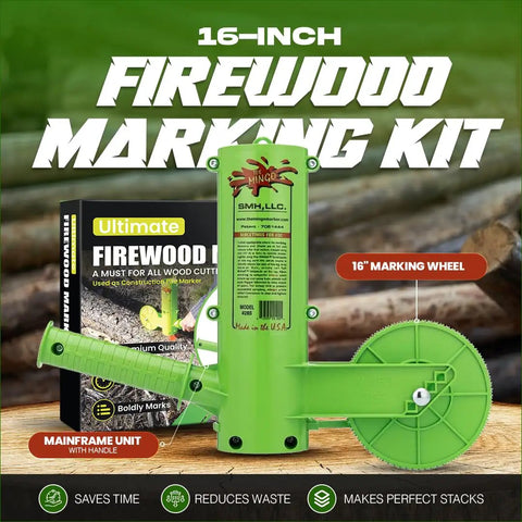 Dead On Firewood Measuring Tool And Log Line Marking Accessory With 16 Inch Rolling Wheel, green handheld tool for precise cuts.