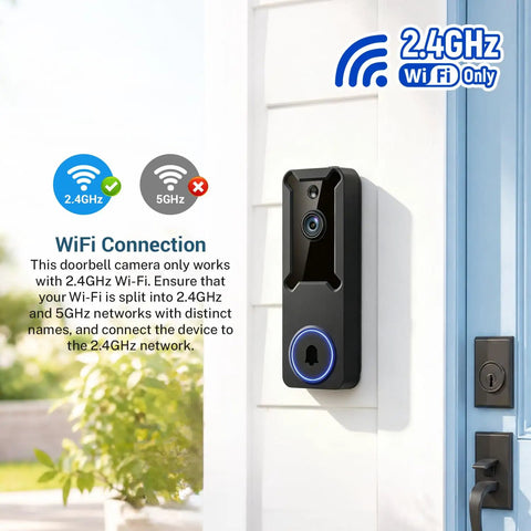 1080p Wireless Outdoor Dome Security Camera With Night Vision And Two Way Audio Smart AI Human Detection For Real Time Live View Battery Powered 2.4GHz WiFi Only Cloud Storage Sold Separately attached to wall beside door showing 2.4GHz WiFi compatibility.