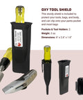 Oxy Tool Shield with yellow handle in a black holder next to tools, showing dimensions and protective feature details.