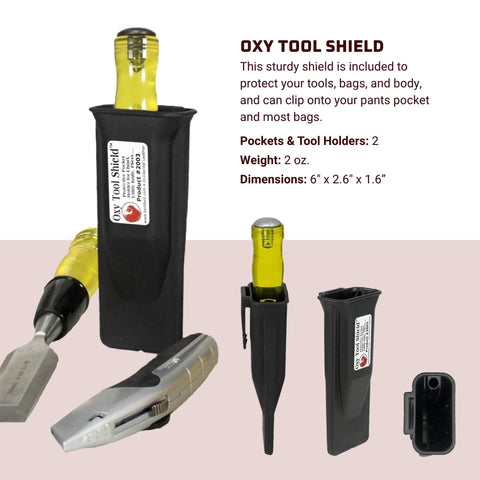 Oxy Tool Shield with yellow handle in a black holder next to tools, showing dimensions and protective feature details.