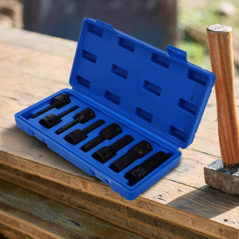 Solid 1/2 Inch Transmission Impact Socket Set With Eight Hex Bits Plus Wrench Adapter For Heavy Duty Automotive Repair And Lug Nut Jobs That Get The Job Done Right. Blue case open with black impact bits