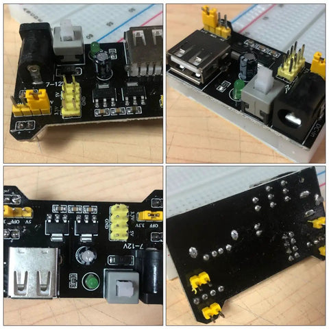 Portable Breadboard Power Supply Module 6.5 To 12V Input With 3.3V And 5V Outputs For MB102 Style Breadboards 6 Pack USB DC Regulator, black PCB with USB and DC jack