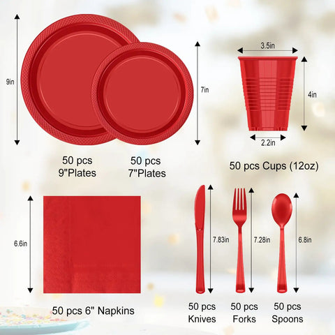 Kickback Ready Red Plastic Dinnerware Set Feeds Fifty Guests With Nine Inch Plates Seven Inch Snack Plates 12 Ounce Cups Utensils And Napkins for outdoor dining.
