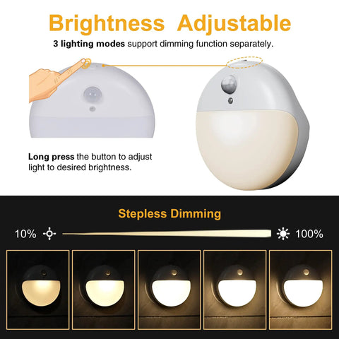 Two Pack Motion Sensor Night Lights For Indoor Use 2.6 Inch Stick On LED Lights with dimming modes illustration