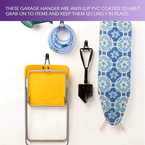 Garage wall with 2 Pack Heavy Duty EV Charger Holder Wall Mounts, rugged J hook cable retractors organizing various items.