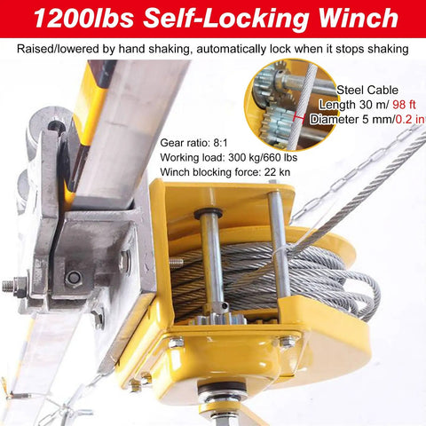 Image of 1200lbs self-locking winch featuring steel cable and specifications for use with the Straight Up Heavy Duty Confined Space Tripod.