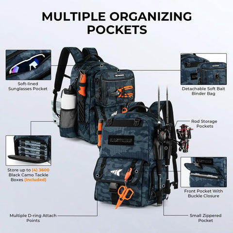 BaitSpace 50L Fishing Tackle Backpack With Removable Bait Binder And Four Tackle Boxes, Two Rod Holders, Blue Camo Gear Carrier.