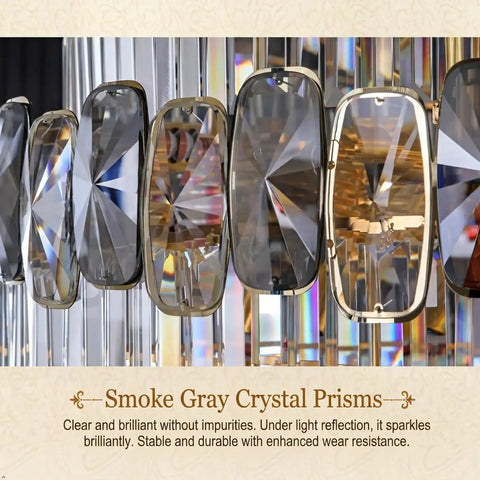 Premium Smoke Gray Crystal Chandelier Ceiling Fan 42 Or 48 Inch Dimmable LED Lights close-up of smoke gray crystal prisms.
