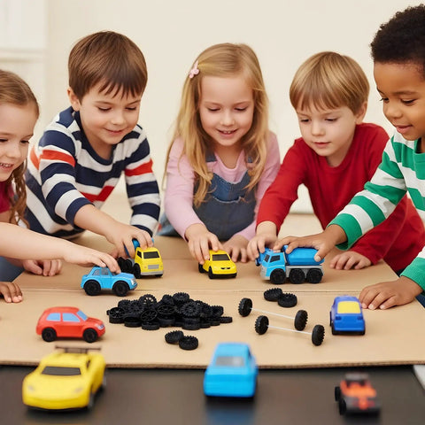 Children playing with toy cars and trucks, using Bulk Pack Of 300 Mini Plastic Model Wheels With 2mm Holes And 150 100mm Metal Axle Rods