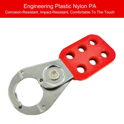 Top Shelf 10 Pack Lock Out Tag Out Hasps Rock Solid Stainless Steel Safety Hardware With Nylon Handles and One Inch Jaws, red engineering plastic hasp.