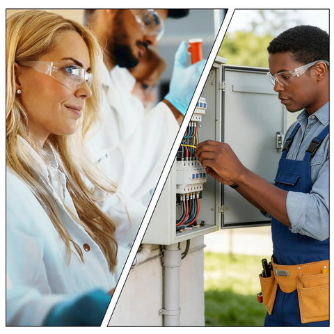 Rock Solid Bulk Safety Glasses Clear Protective Eyewear For Job Sites And Labs Work Ready Lightweight Crew Packs worn by a woman in lab and a man working on electrical panel.