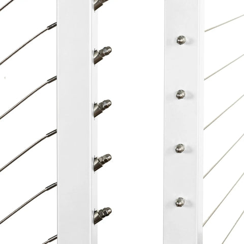 Close-up of pre-drilled base mounts and stainless cables of Slick Steel Cable Railing Kit For Stair Handrails With Pre Drilled Base Mounts Includes All Solid Hardware For Hassle Free Diy Installation White 18 Foot 42 Inch System.