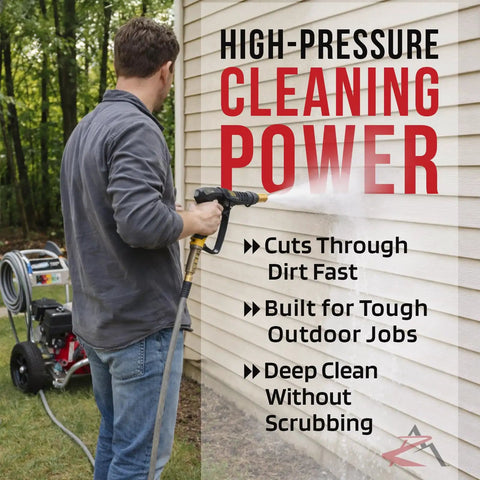 Person using a pressure washer on siding, showcasing AR 2600 PSI Pressure Washer Pump Replacement Two Point Two GPM 7 8 Inch Shaft 3 Bolt Pattern 7 11 16 By 6 3 16 By 6 7 16 Inches Fits Sears Craftsman 580752501 580752521.