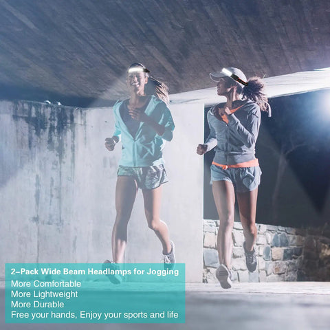 Two women jogging under a bridge wearing 2-pack Rechargeable Headlamp Flashlight With Wide Beam For Outdoor Use, Lightweight 3.8 Oz LED Headlight With Built In Battery, Red Tail Light, Adjustable Headband For Camping And Hard Hats.