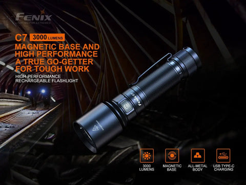 Rechargeable 3000 Lumen Flashlight With USB-C Fast Charging And Lumentac Organizer on a dark background