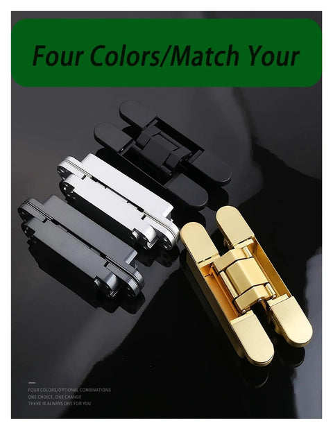 Heavy Duty Adjustable Hidden Cross Hinge Set For Zero Hang Ups 180 Degree Dead Silent Glide on four color options displayed.