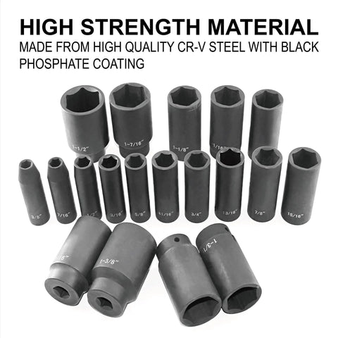 19 Piece One Half Inch Drive Impact Socket Set Deep Six Point CrV Steel Three Eighths To One And A Half Inch Sockets