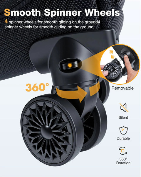 Close-up of 16 inch underseat luggage's removable spinner wheels with 360-degree rotation feature.