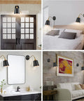 Battery Powered Dope Gooseneck Wall Light with Remote Dimmer in various interior settings, black metal finish, sconce design.