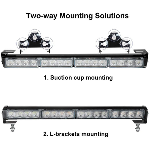 Two-way mounting solutions for Straight Up Tough 2X16 Inch Led Strobe Light Bar with suction cup and L-bracket options.