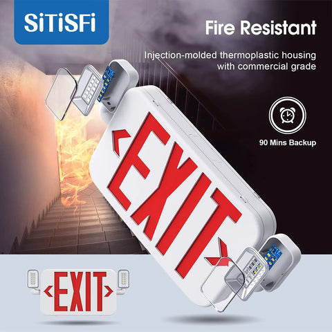 LED Combo Emergency Exit Sign With Two Adjustable Head Lights And Backup Battery US Standard Red Letter Commercial Safety Lighting UL 924 AC 120 277V 2 Pack Kit shown in a corridor with flames