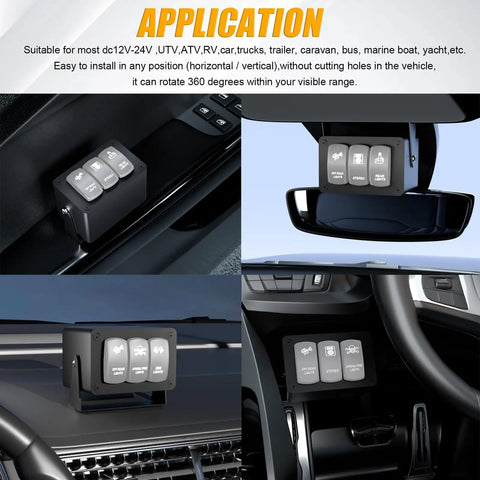 3 Gang Aluminum Rocker And Toggle Switch Box for Panels installed in various vehicle dashboards.
