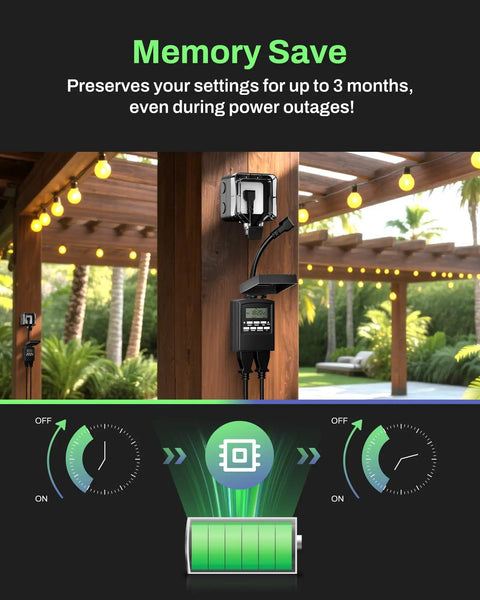 Outdoor Heavy Duty Digital Programmable Timer With Two Grounded Outlets, Waterproof, mounted on wooden pergola
