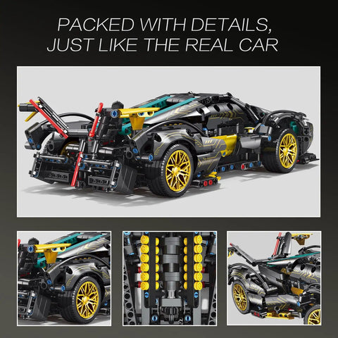 Technic Sports Car Building Kit 1:14 Scale Lambo V12 MOC Race Car Model Set, rear view with detailed engine and structure visible.