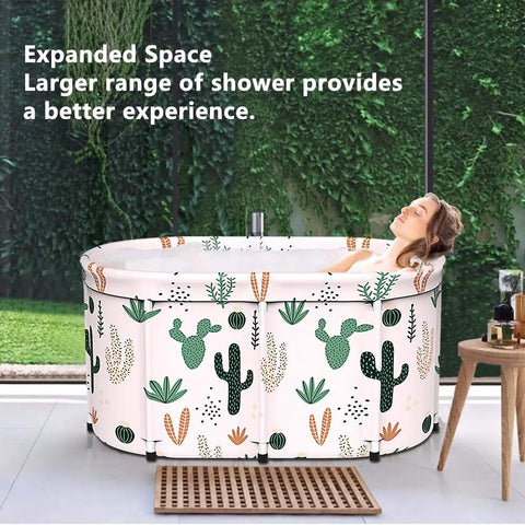 Woman relaxing in Large Foldable Portable Bath Tub For Adults Freestanding Non Inflatable Soaking Tub with cactus print.