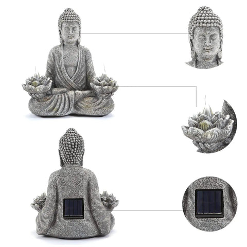 Chill Zen Buddha Statue With LED Solar Lotus Lights For Garden Patio Decor Sitting Meditating Sakyamuni Figurine, front and back view with LED details