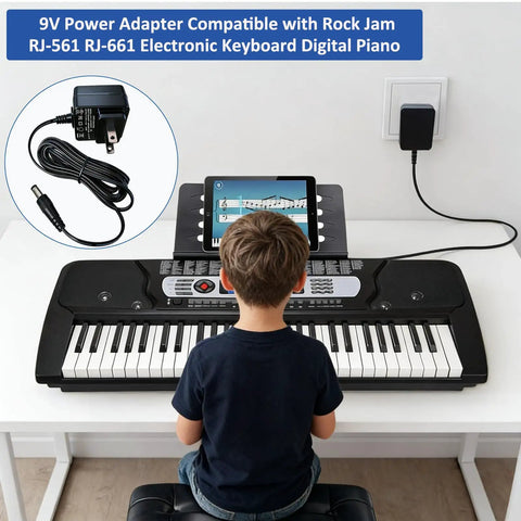 Child playing electronic keyboard powered by 9V Power Adapter For 61 Key Digital Pianos And Electronic Keyboards, plug visible