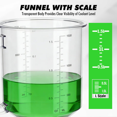 Transparent funnel with scale showing 1.5L capacity, part of No Spill 20 Piece Engine Oil Funnel Kit With 12 Color Coded Adapters And Siphon Hose.
