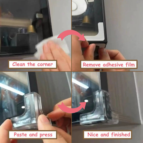Step-by-step application of 12 Pack Large Silicone Table Corner Protectors For Baby Proofing, T Shaped Edge Guards.