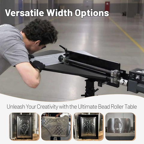 Man using heavy duty bead roller table with sturdy tube frame for metal fabrication, showcasing versatile width options