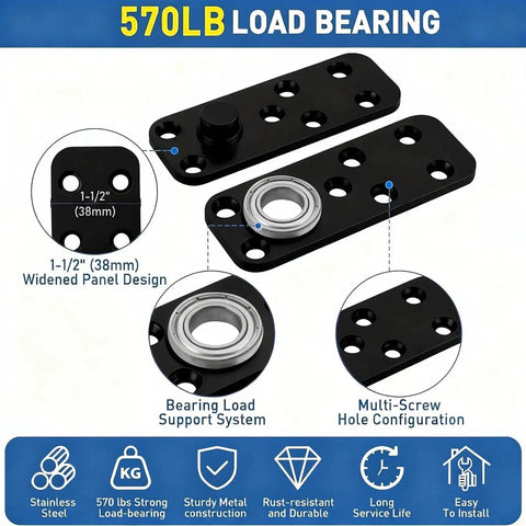 Heavy Duty Black Pivot Hinge For Hidden Secret Doors And Custom Shelves Featuring Rust Proof Stainless Steel Build With Ultra Smooth Glide Action And Built Tough Design Supporting Five Hundred Seventy Pounds, showing load bearing design and support system.