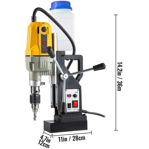 Pro Grade 1100 Watt Magnetic Drill Press With 1 Point 57 Inch Capacity And Seven Bits Knockout 2697 Pound Suction Base Gets The Job Done On Steel 580 Rpm No Load Speed Portable Electric Workhorse, side view with controls and drill bit.