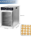 Badass Electric Food Dehydrator With 12 Stainless Steel Trays 1200W High Power showing product dimensions and dried citrus slices.