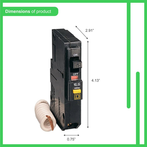 QO Qwik-Gard 15 Amp Single Pole GFCI Circuit Breaker For QO Panels with dimensions, 120 Volt AC, 1 Space Plug-On Design