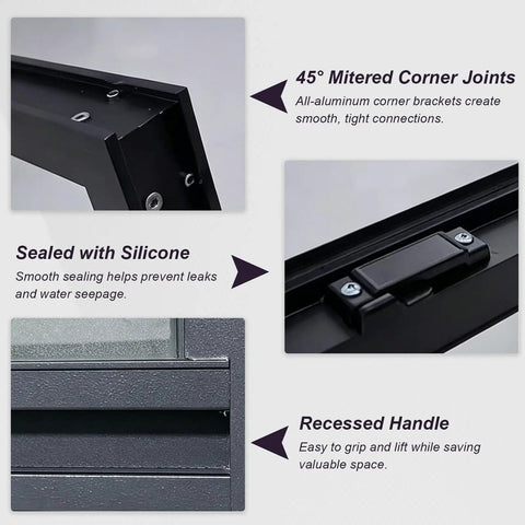 Heavy Duty Insulated Sliding Windows For Sheds Featuring Soundproof Tilt Glass And Warm Wood Grain Finish Smooth Flush Mount Replacement Dead Quiet Workshop Zero Sweat Setup corner joint details with aluminum fittings.